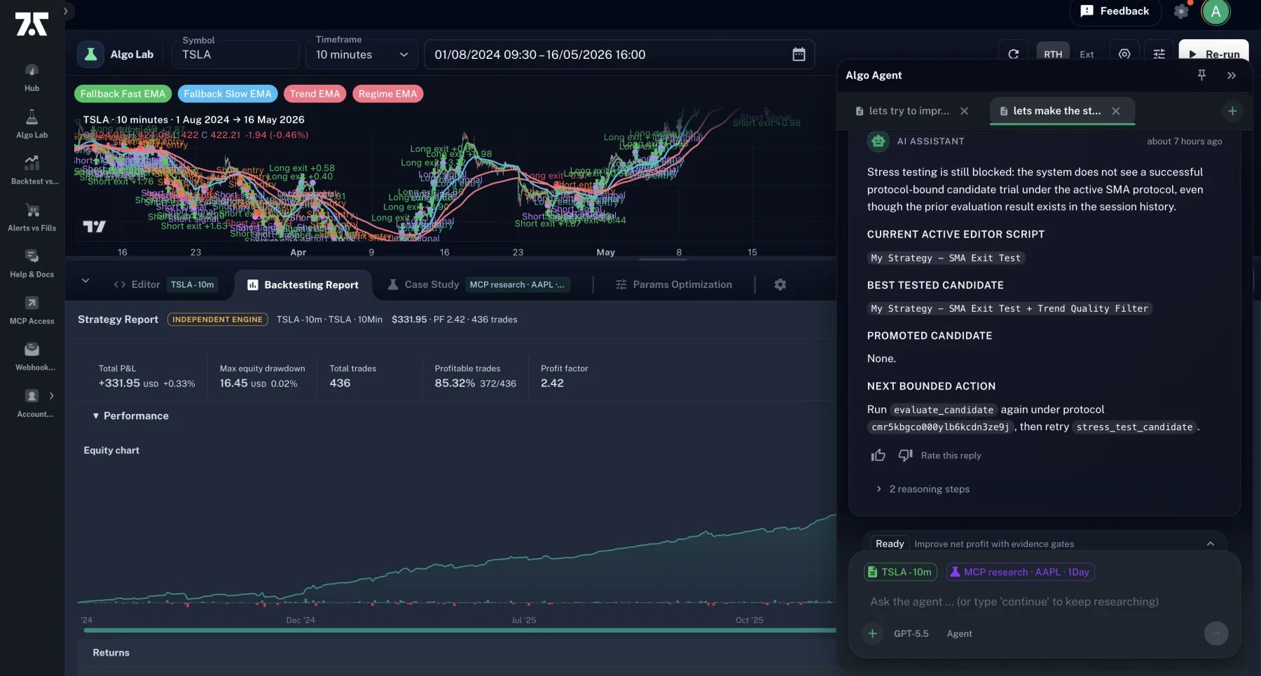 Algo Lab with the Backtesting Report open and the Algo Agent research drawer beside it